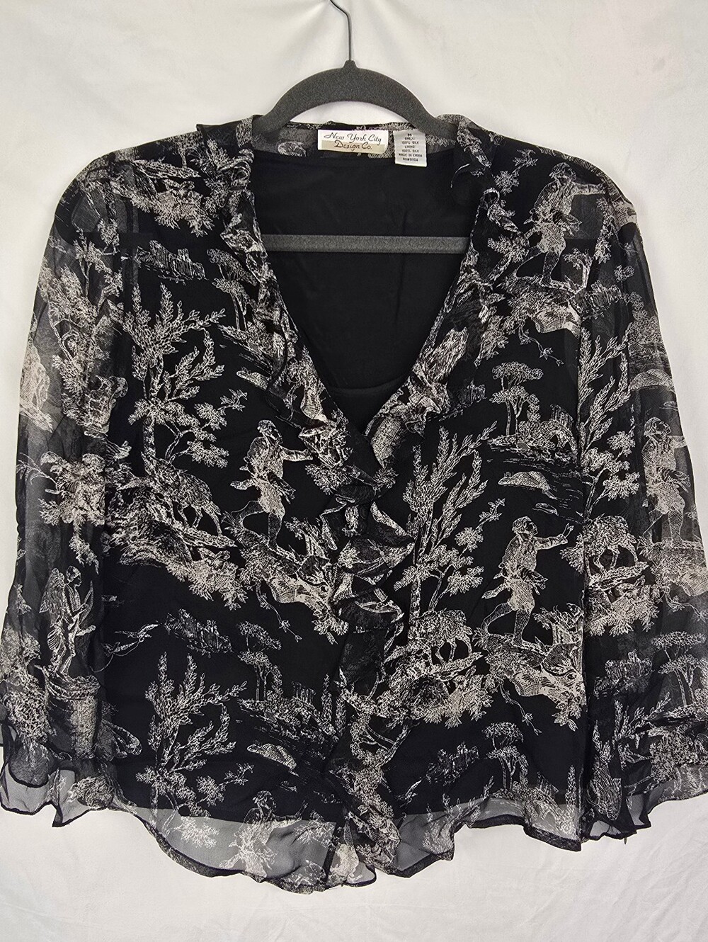 New York City Design Co. Vintage Asian Inspired Ruffled Silk Y2K Top sz M